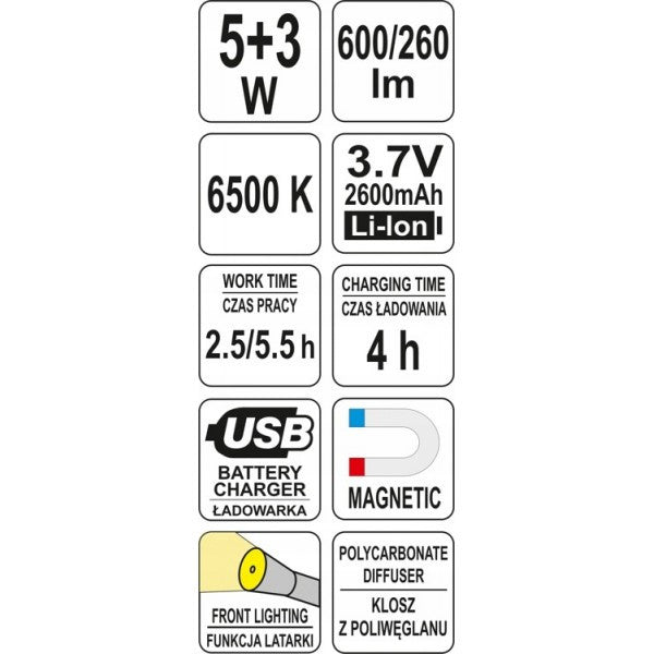 Lanterna Cu Acumulator 5+3W, 600/260lm, USB Yato YT-08518 Yato - imagine 9