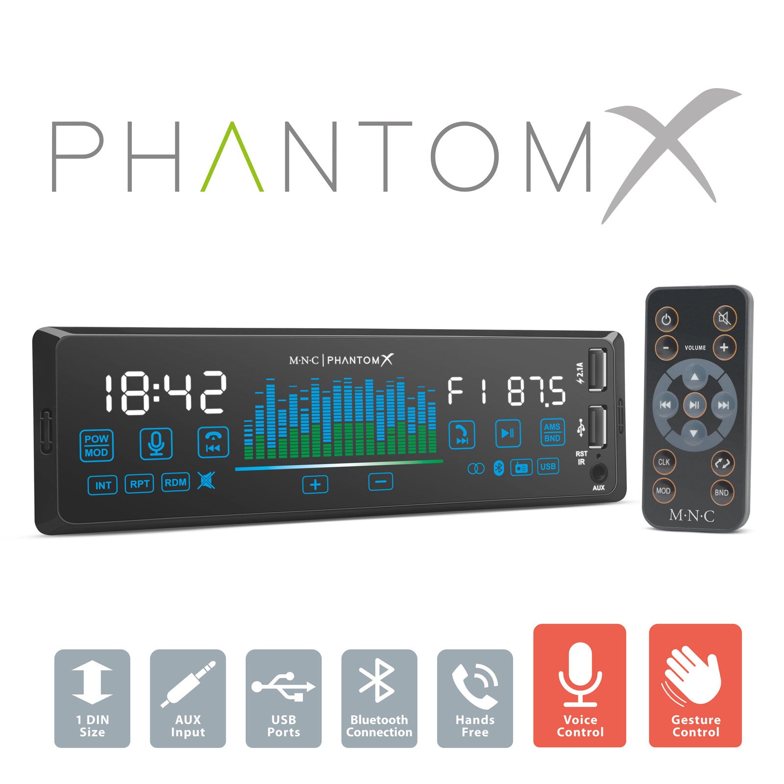 Player auto „PhantomX” - 1 DIN - 4 x 50 W - versiune gestuala - BT - MP3 - AUX - USB Carguard - imagine 1