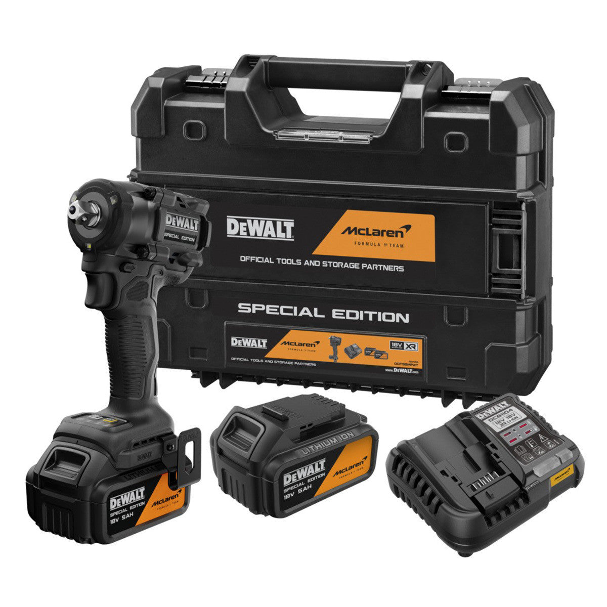 Cheie de impact compactă, cu motor fără perii, 1/2" cu pin de blocare, DEWALT® x McLaren F1 Team 18V XR® Ediție Specială – 2 x 5,0Ah Dewalt - imagine 1