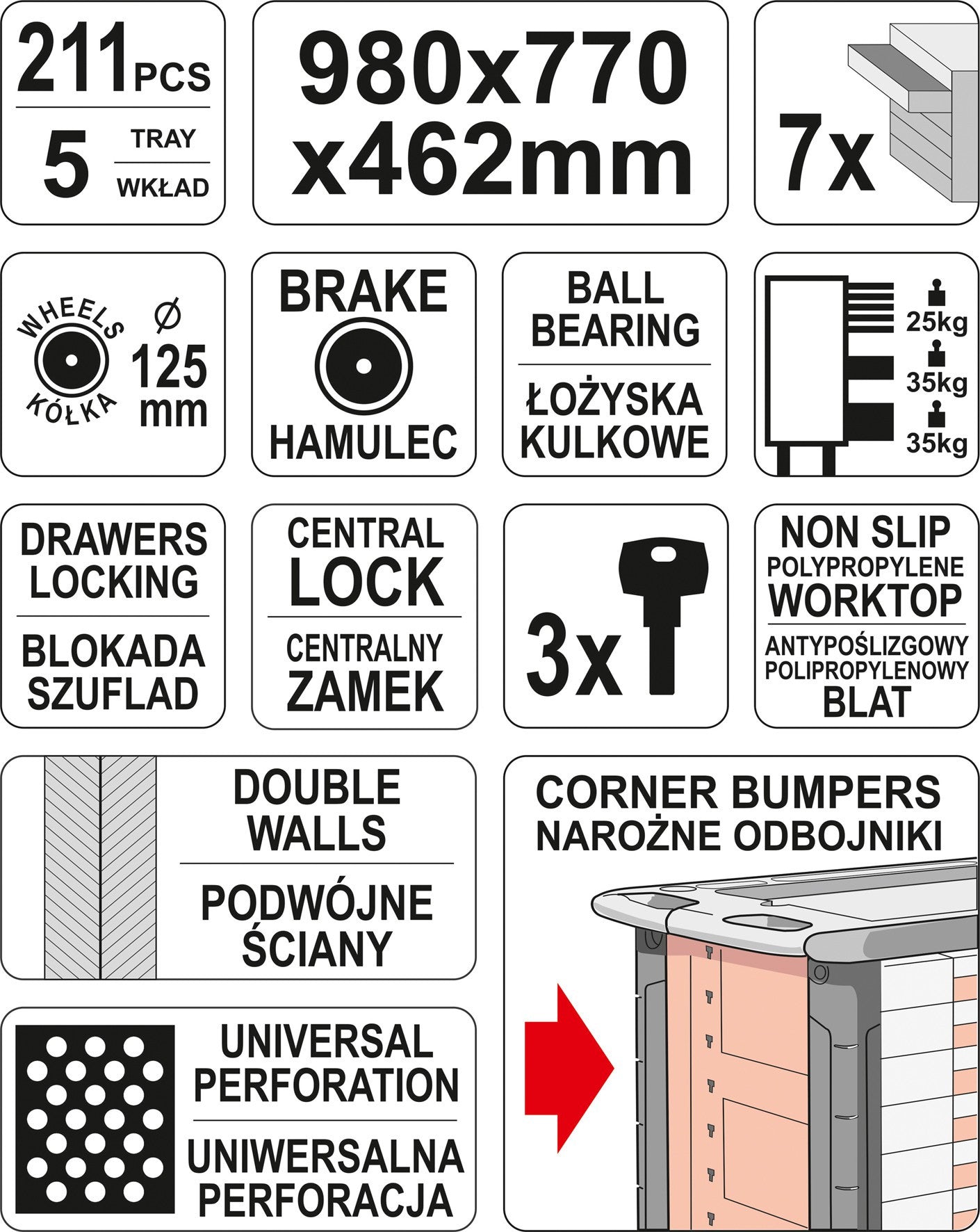 Dulap cu scule profesional 7 sertare echipat complet cu 211 Yato - imagine 10