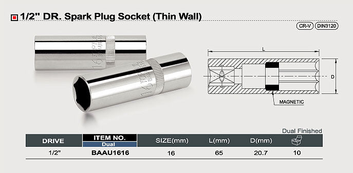 Capat cheie tubulara bujii 1/2, 16mm, perete subtire Toptul - imagine 2