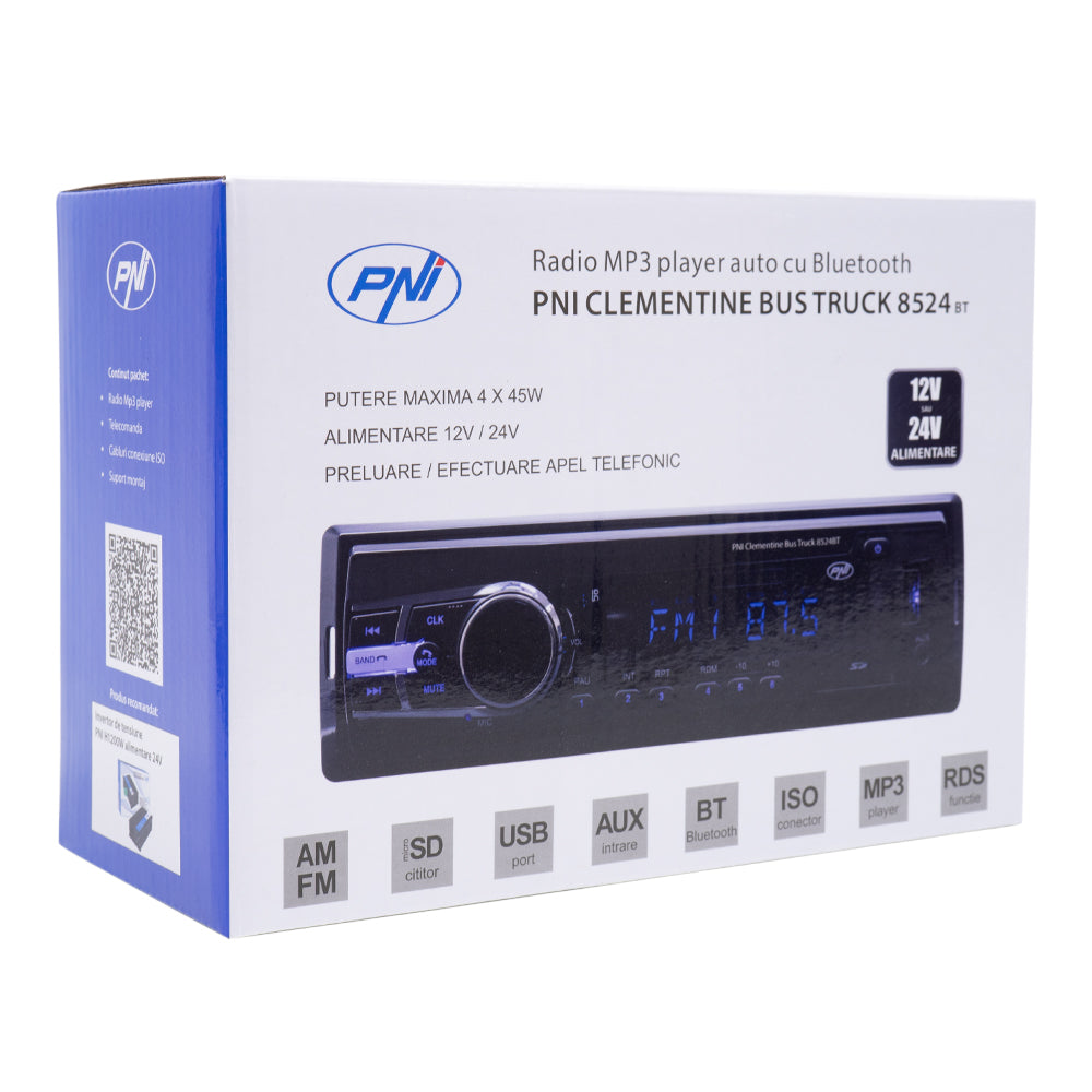 RADIO MP3 PLAYER AUTO PNI CLEMENTINE BUS TRUCK 8524BT RDS 4X45W 12V/24V CU SD, USB, AUX, RCA SI BLUETOOTH