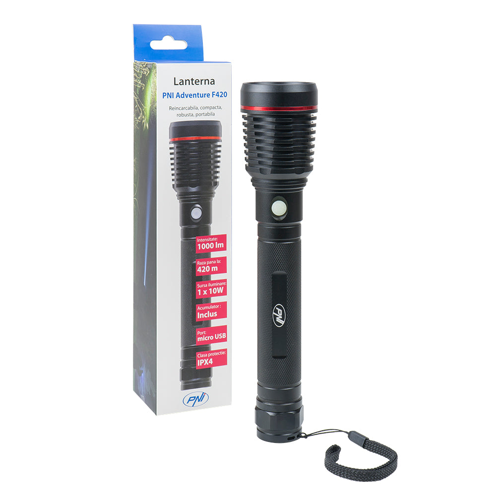 LANTERNA PNI ADVENTURE F420, LED 10 W, 1000 LM, CU 2 ACUMULATORI INCLUSI, 8000 mAh TIP 26650