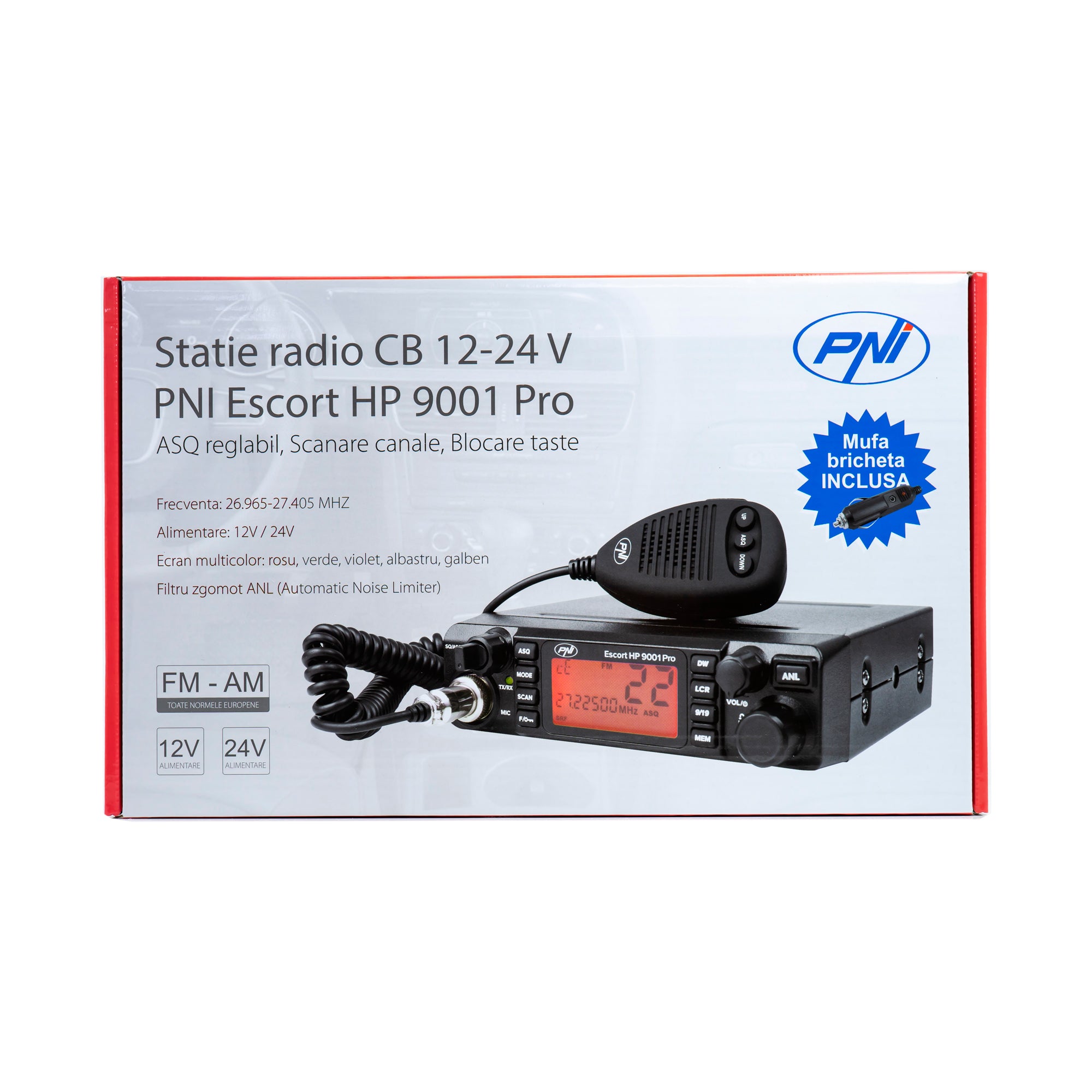 STATIE RADIO CB PNI ESCORT HP 9001 PRO ASQ REGLABIL, AM-FM, 12V/24V, 4W, SCAN, DUAL WATCH, ANL, ECRAN MULTICOLOR