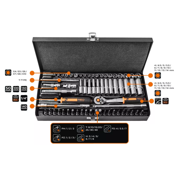 Set de chei tubulare 1/4 63 de piese Neo Tools - imagine 8
