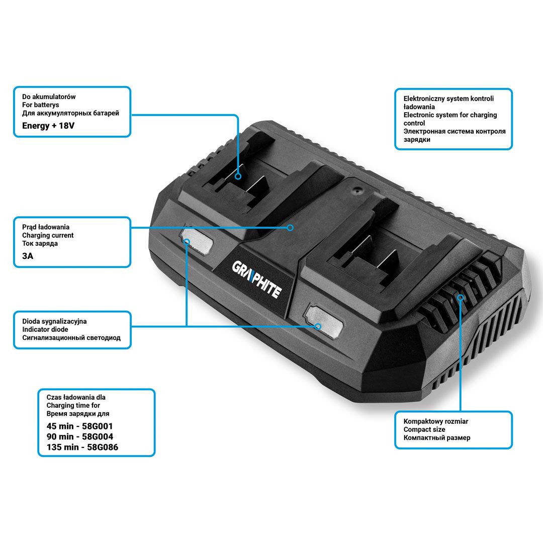 Incarcator dublu pentru bateriile Energy+ 58G085 GRAPHITE Neo Tools - imagine 2