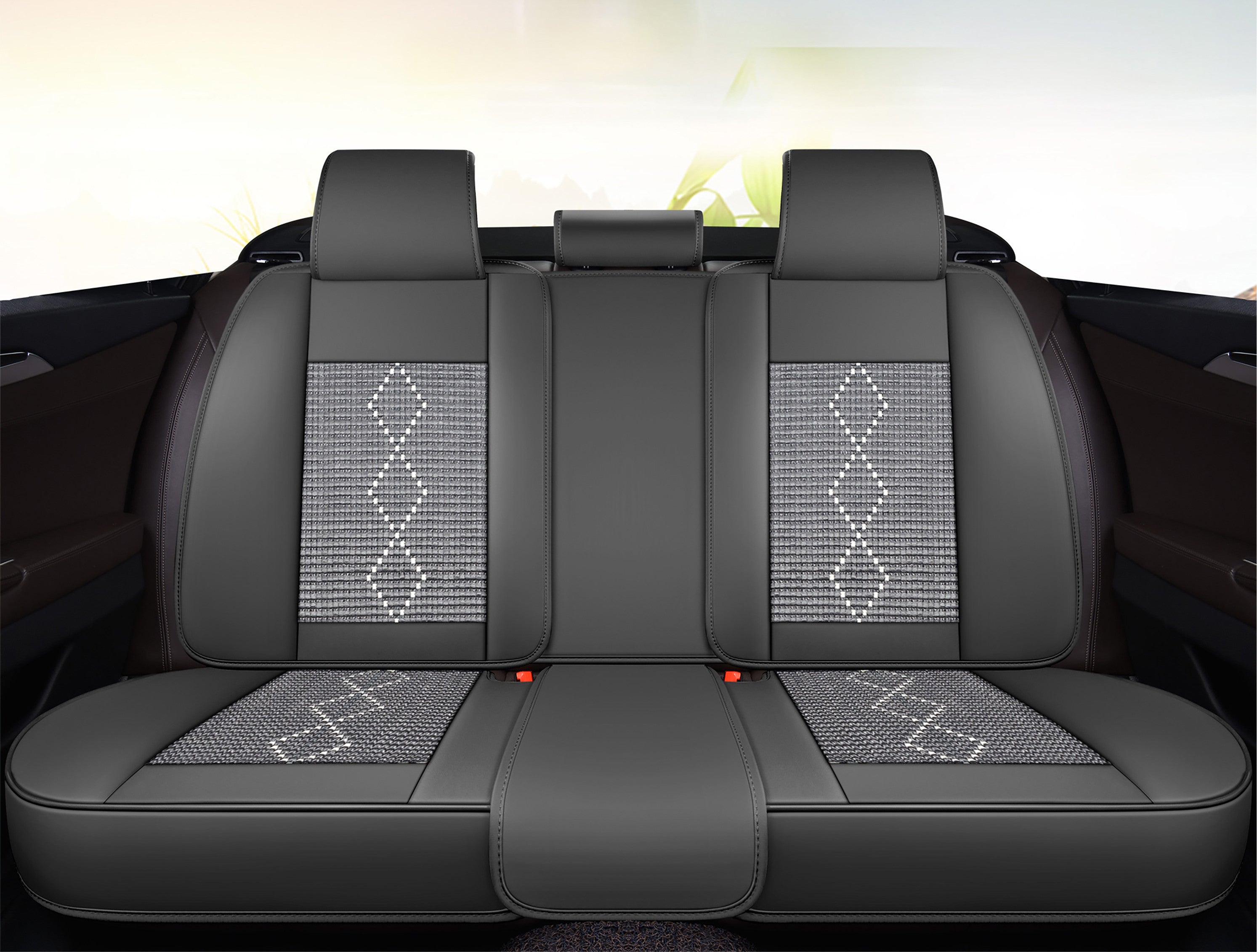 Huse auto premium 5 locuri Carguard Deluxe piele ecologică perforată și textil - negru - alb Carguard - imagine 3