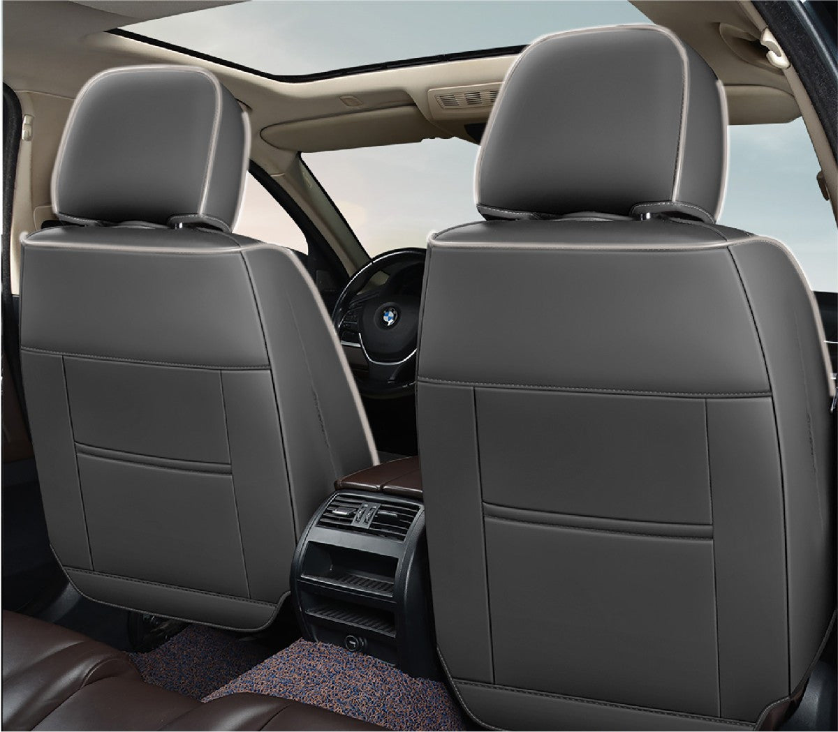 Huse auto premium 5 locuri Carguard Deluxe piele ecologică perforată și textil - gri deschis - gri inchis Carguard - imagine 4