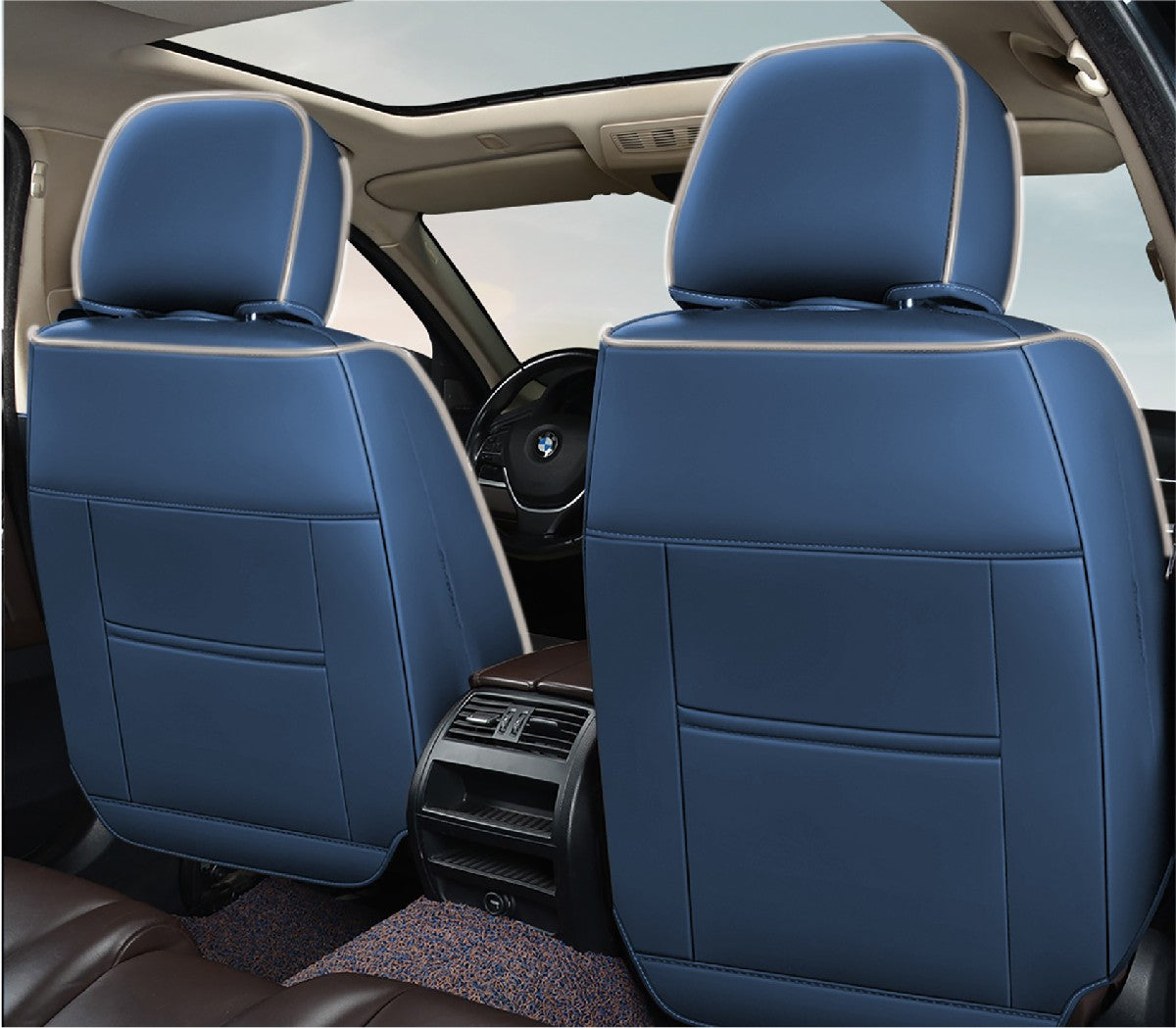 Huse auto premium 5 locuri Carguard Deluxe piele ecologică perforată și textil - albastru - alb Carguard - imagine 4