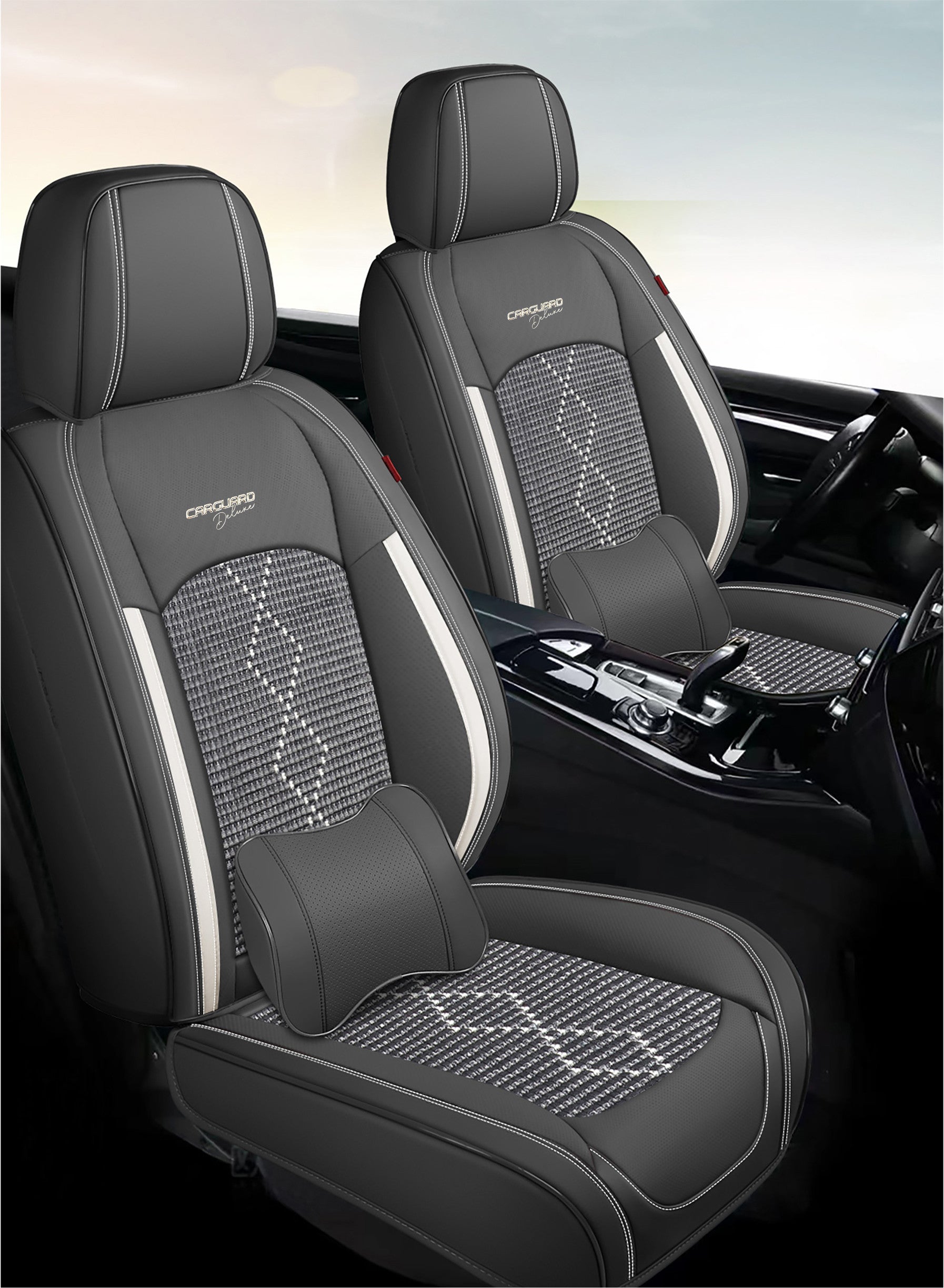 Huse auto premium 5 locuri Carguard Deluxe piele ecologică perforată și textil - negru - alb Carguard - imagine 2