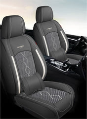 Huse auto premium 5 locuri Carguard Deluxe piele ecologică perforată și textil - negru - alb Carguard - imagine 2