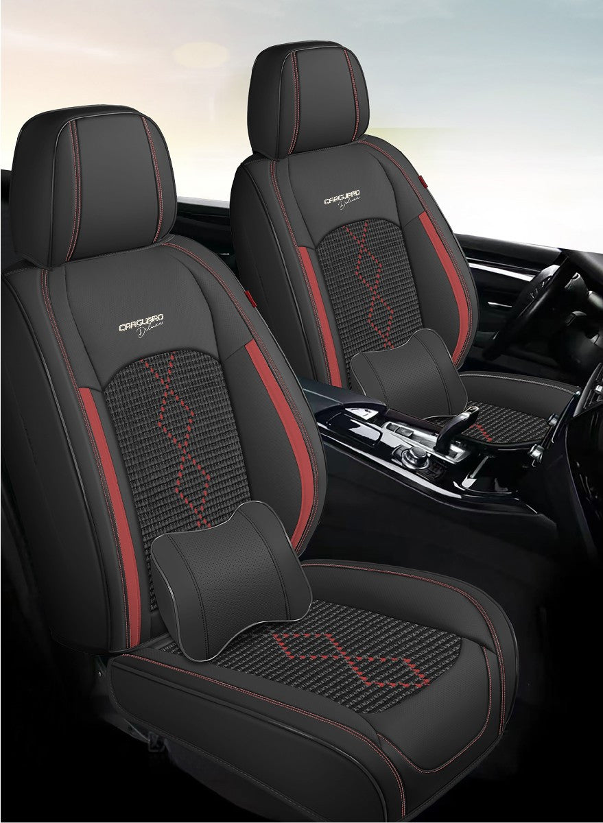 Huse auto premium 5 locuri Carguard Deluxe piele ecologică perforată și textil - negru - rosu închis Carguard - imagine 2
